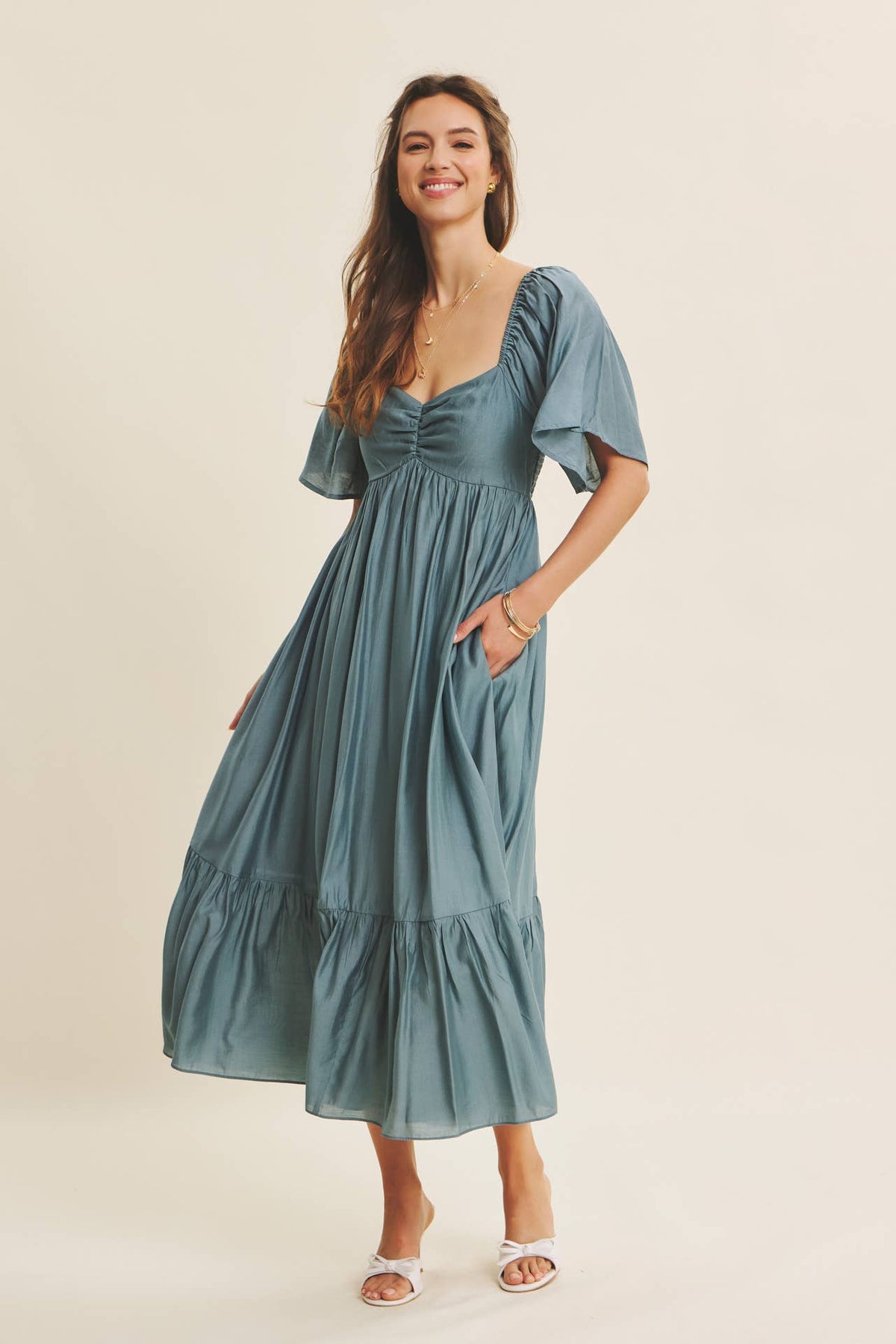 WHISPERING WILLOW FLATTERING SWEETHEART SMOCKED MIDI DRESS