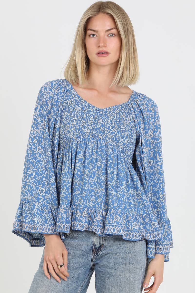 V-Neck Smocked Bust Wide Sleeve Blouse