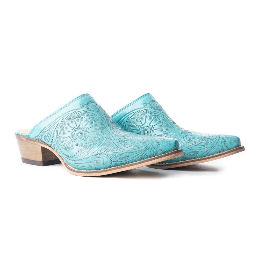 Valeria Hand-tooled Mules In Turquoise