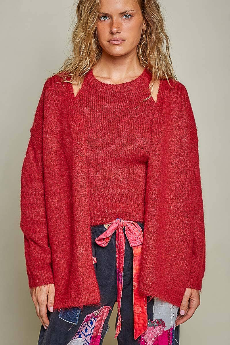 Red Wine Ribbed Knit Cardigan & Top Set