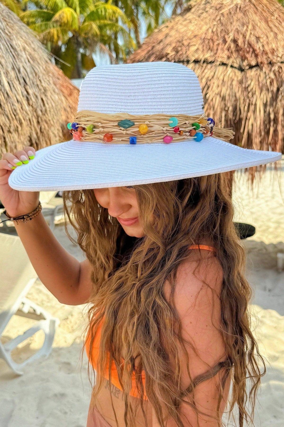 Gloria Colorful Bead Trim Wide Brim Hat