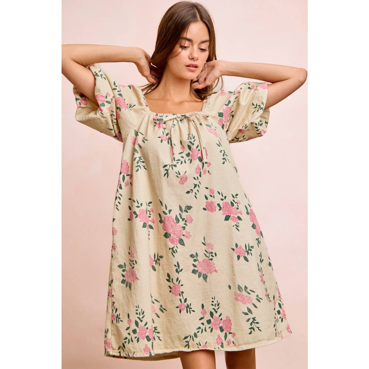 FLORAL DENIM SQUARE NECK DRESS WITH BUBBLE SLEEVE