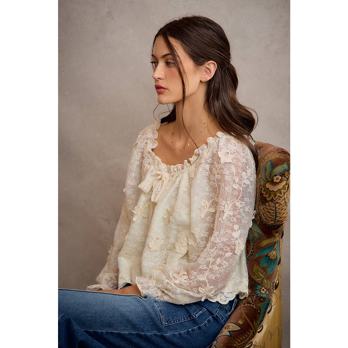 3D Floral Lace Scallop Edge Long Sleeve Blouse