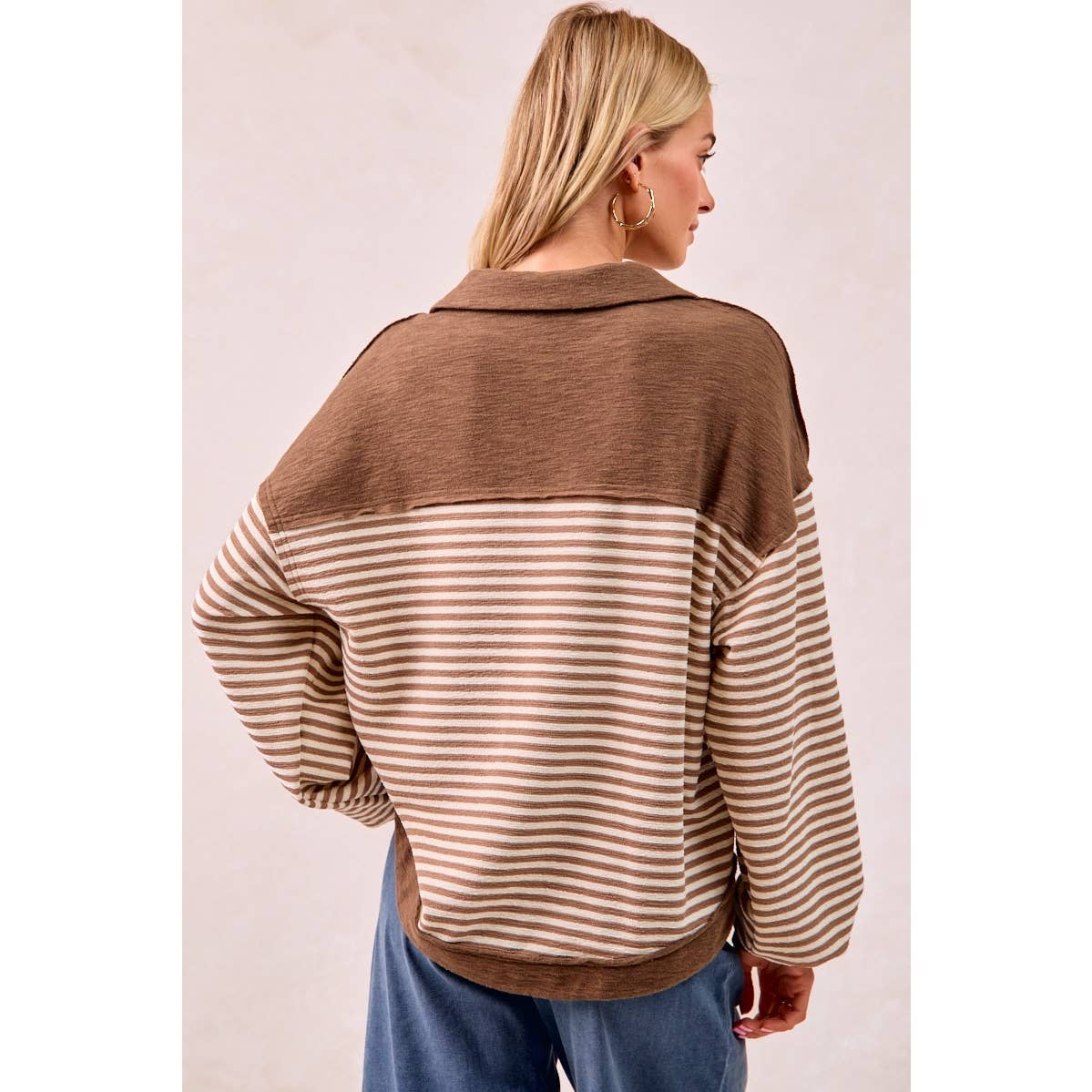 SLUB KNIT AND STRIPES MIX AND MATCH COLLARED TOP