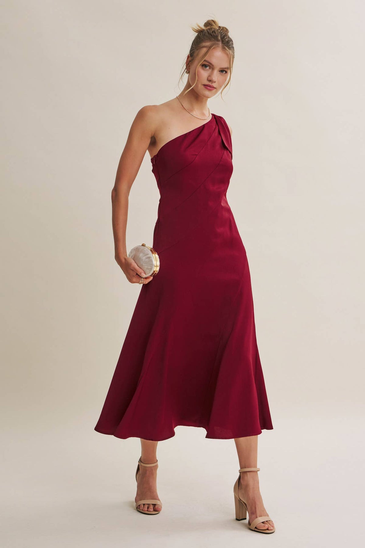 PARTY GLAM ONE-SHOULDER BOW MIDI DRESS W/ SCULPTING SEAM