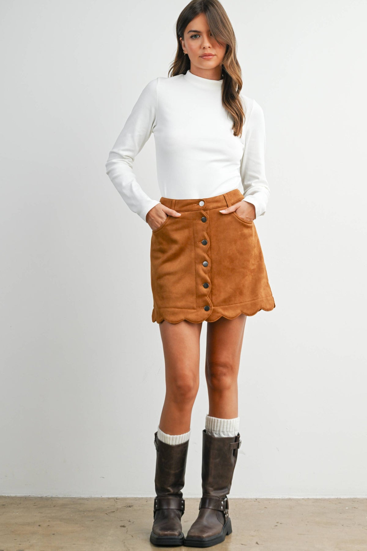 Scallop Trim Button-Front Mini Skirt