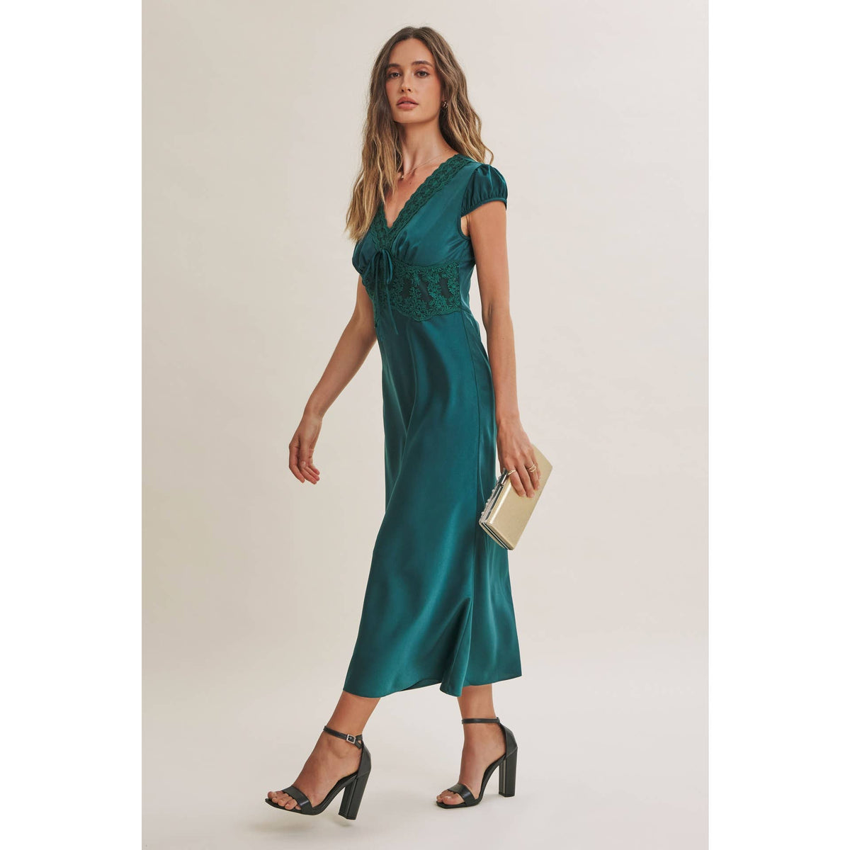 Graceful Drape Bias Cut Silky Satin Lace Midi Dress