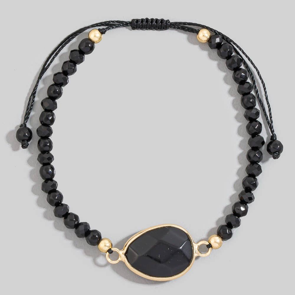 Faceted Semi Precious Oval Stone Charm Beaded Cord Bracelet