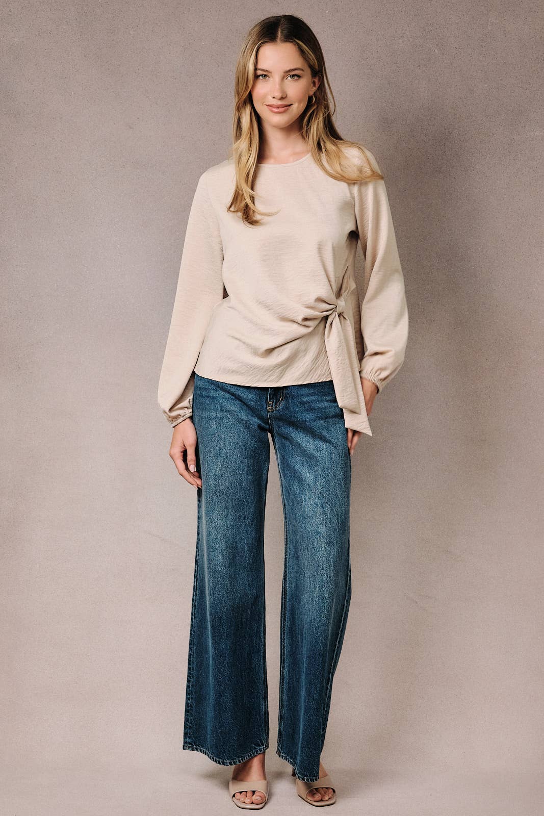 Round Neck Long Sleeve Front Tie Top