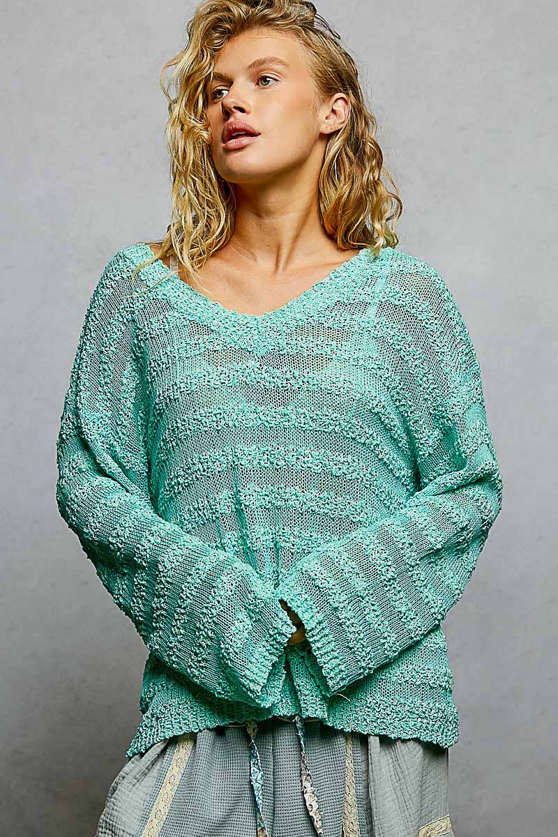 V Neck Long Sleeve Striped Knit Acrylic Thin Sweater