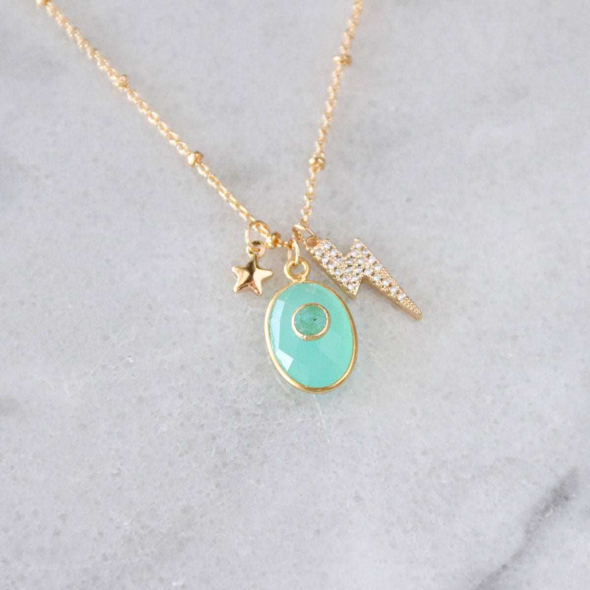 Aqua Chalcedony CZ Lightning Bolt Necklace