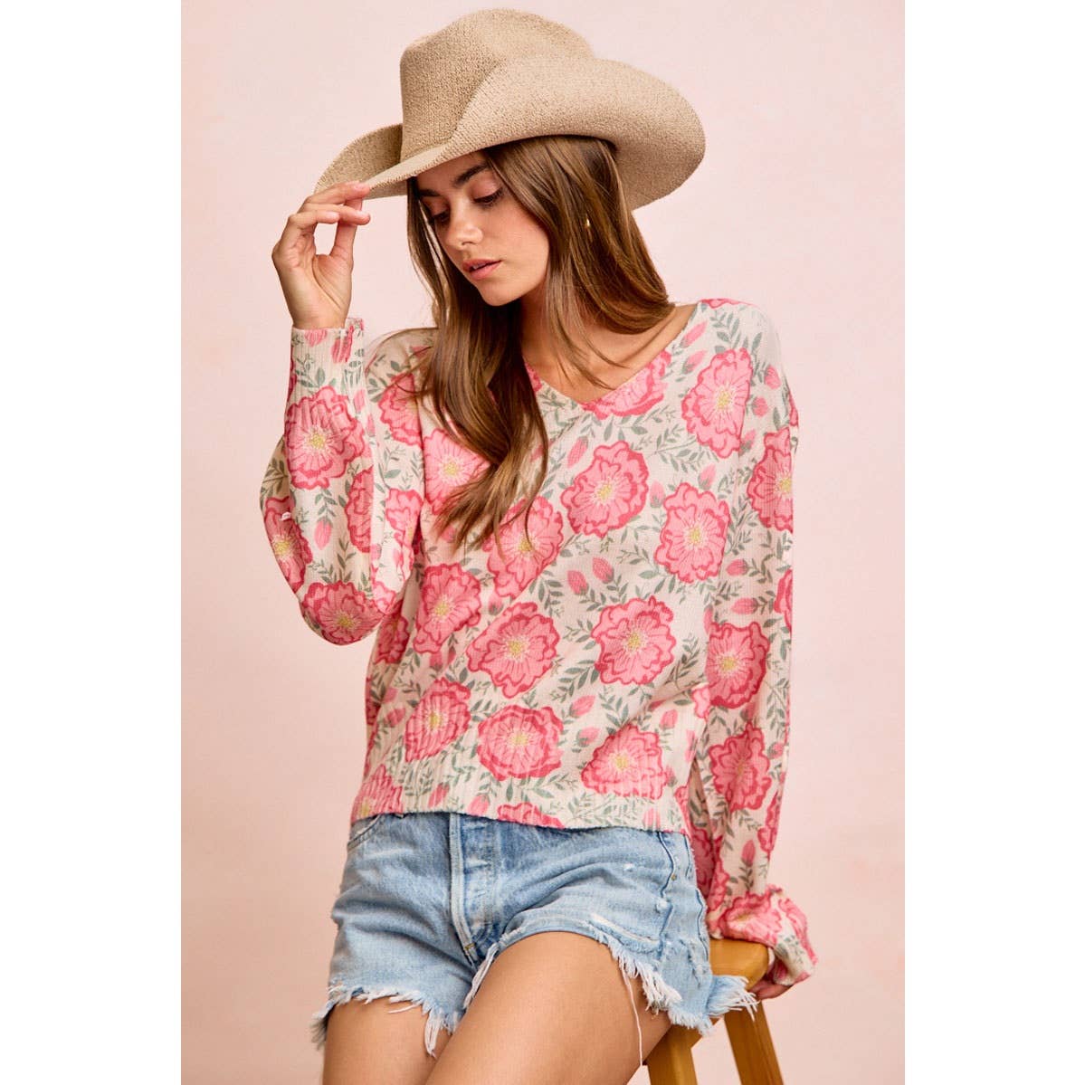 Flower Printed V-Neck Knit Top with Balloon Sleeves