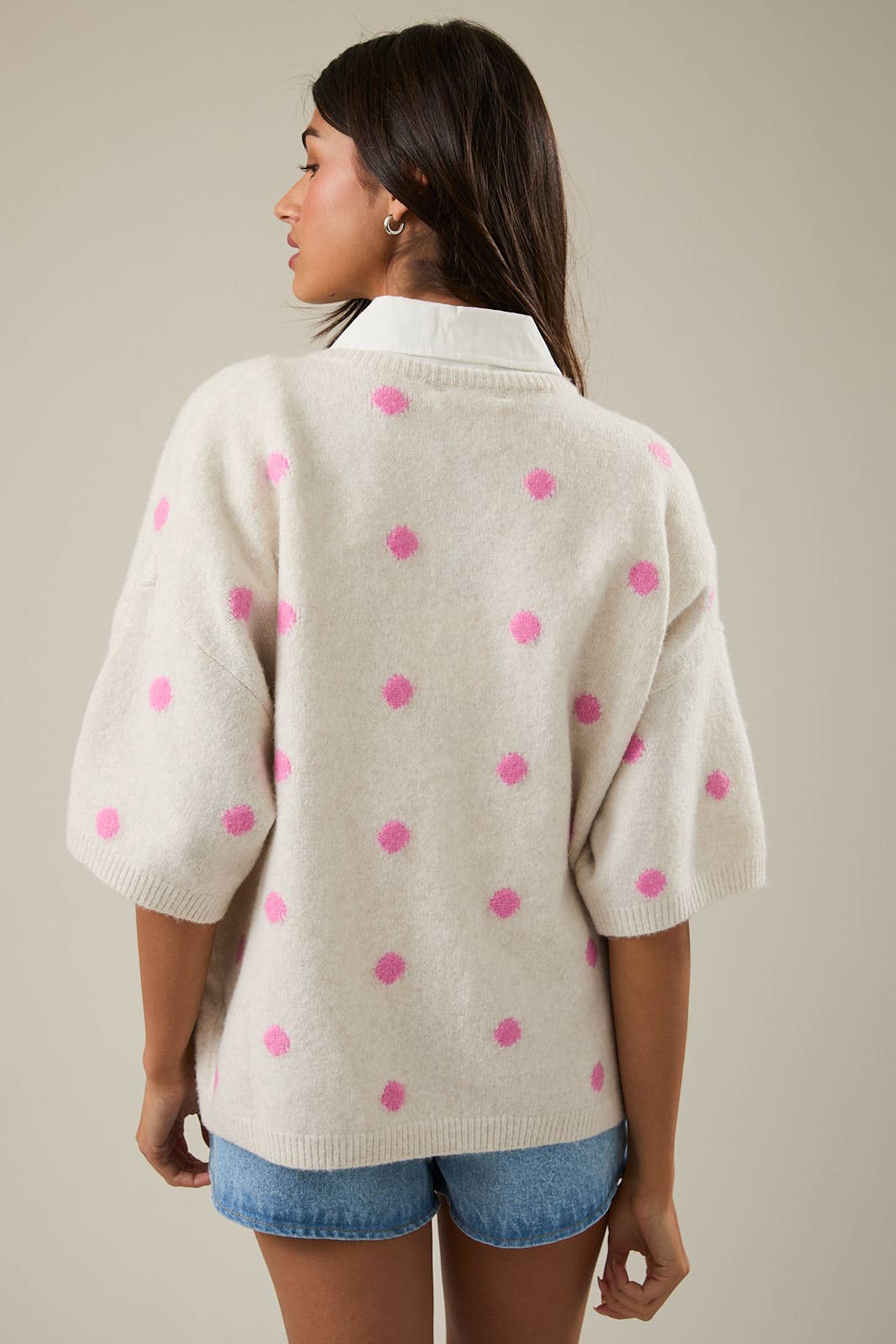 SHORT SLEEVE CREW NECK POLKA DOT SWEATER CARDIGAN