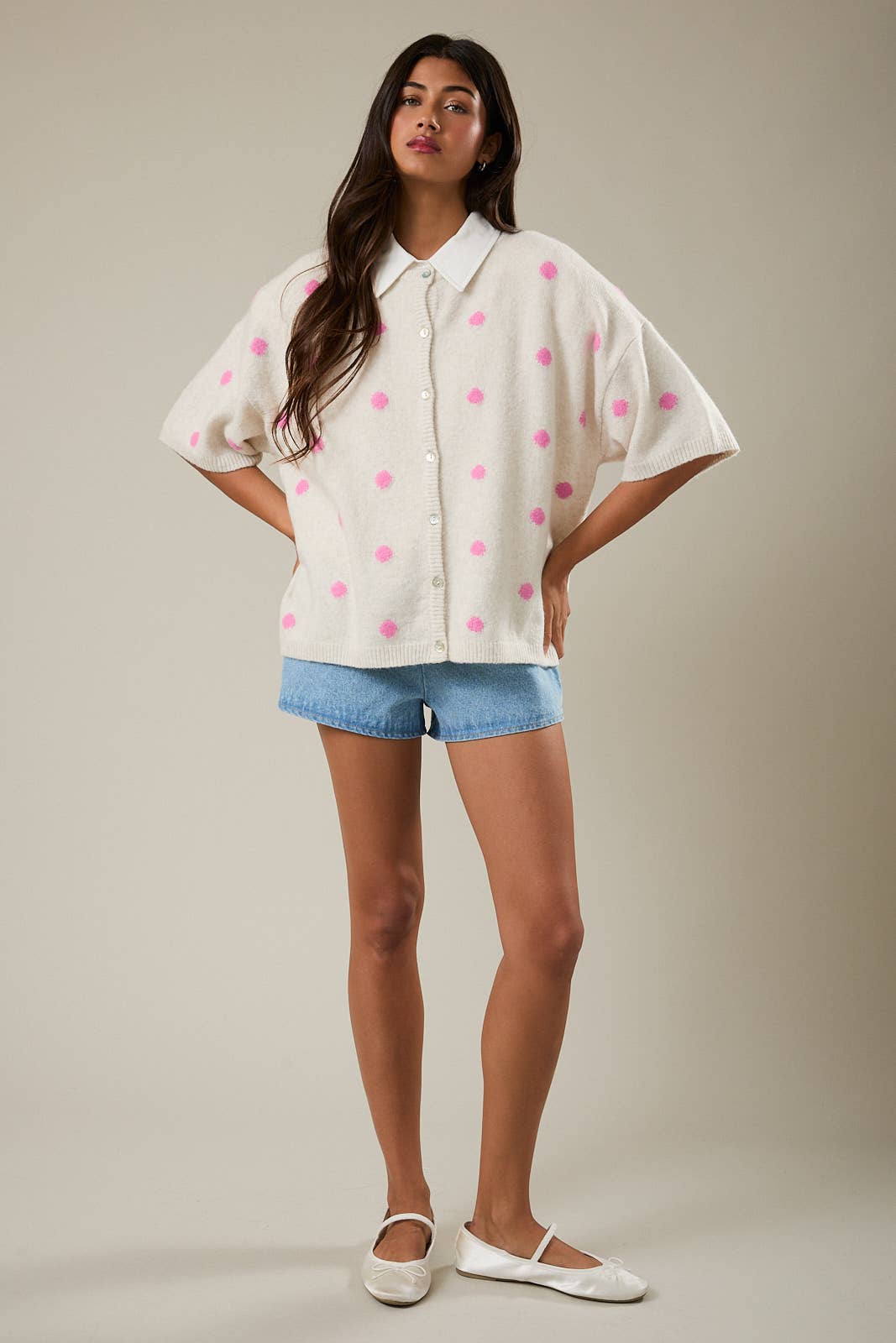 SHORT SLEEVE CREW NECK POLKA DOT SWEATER CARDIGAN