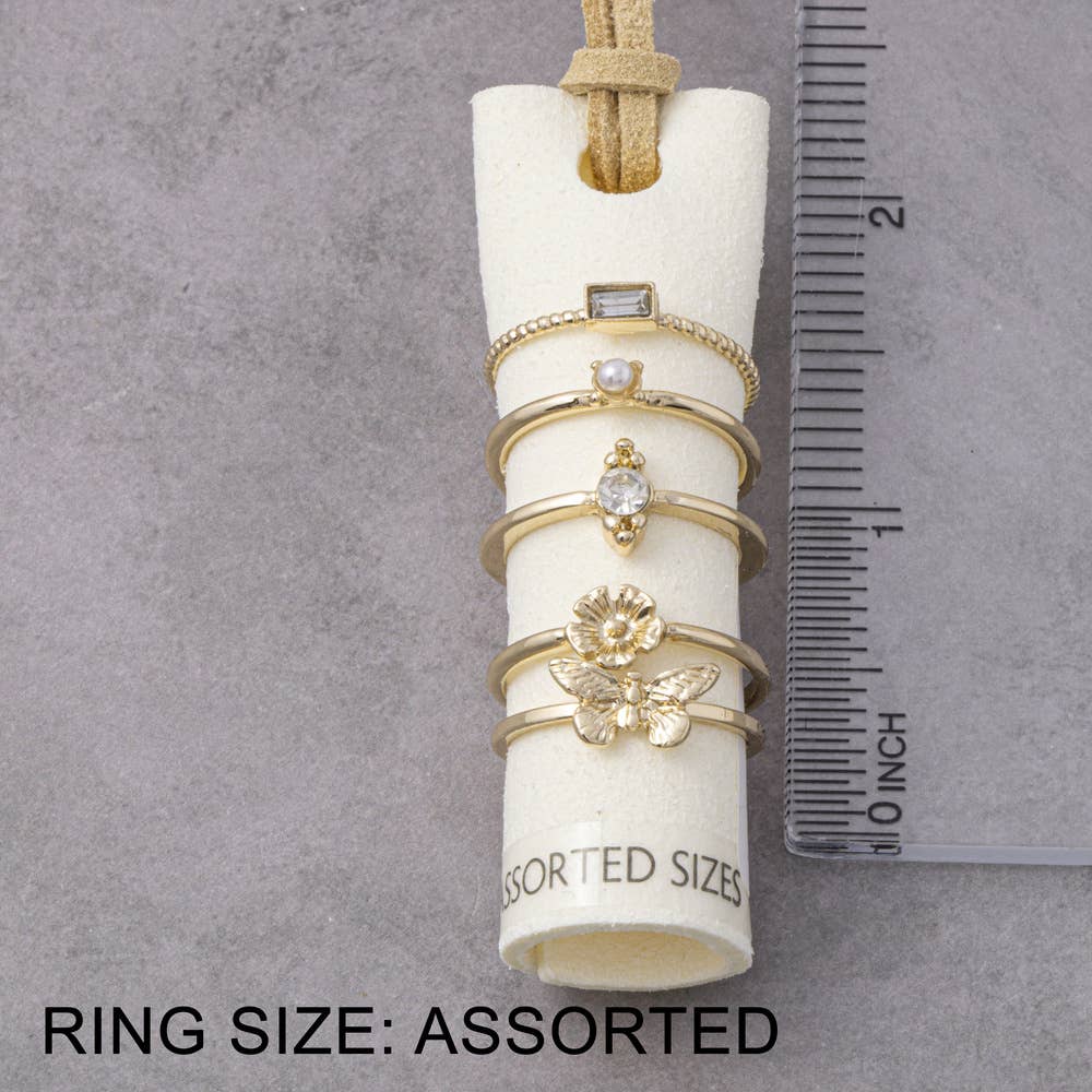 Cz Pearl Flower And Butterfly Ring Set