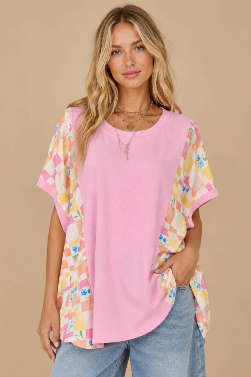 Floral Checkered Mixed-Media Top