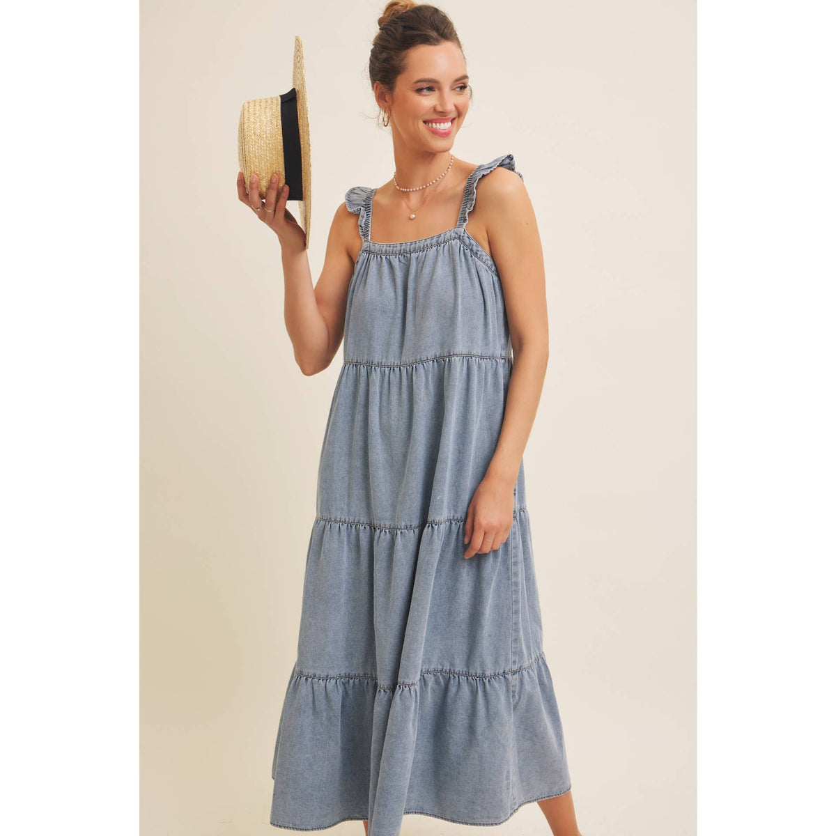 DENIM WASHED MIDI DRESS WITH RUFFLES AND BACK BOW