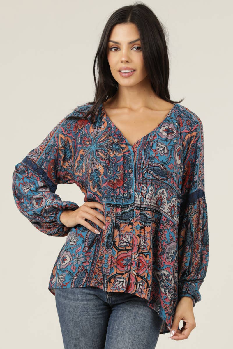 V-Neck Tie Back Patchwork Print Blouse