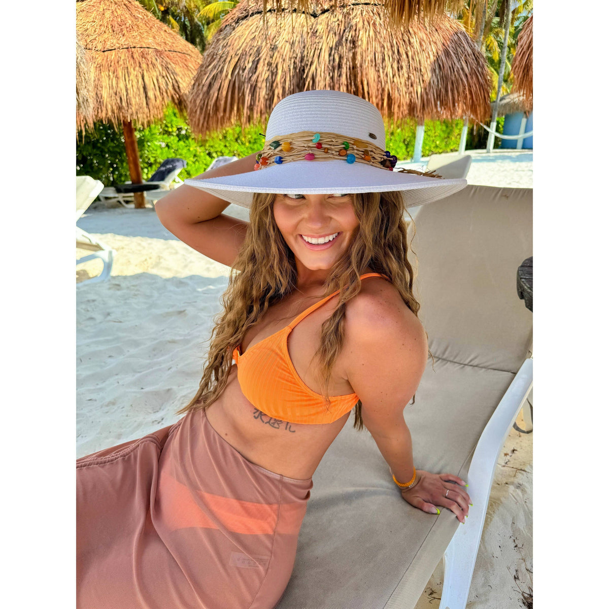 Gloria Colorful Bead Trim Wide Brim Hat