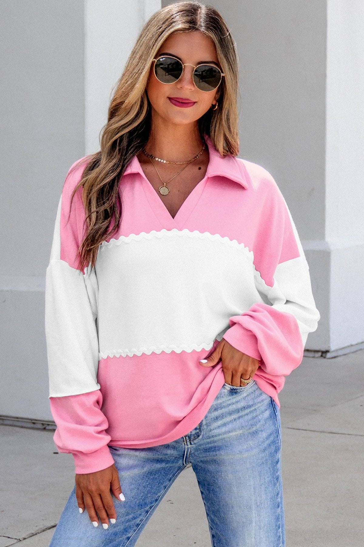 Color Block Ricrac Trim Patchwork Collar V Neck Long Sleeve Top