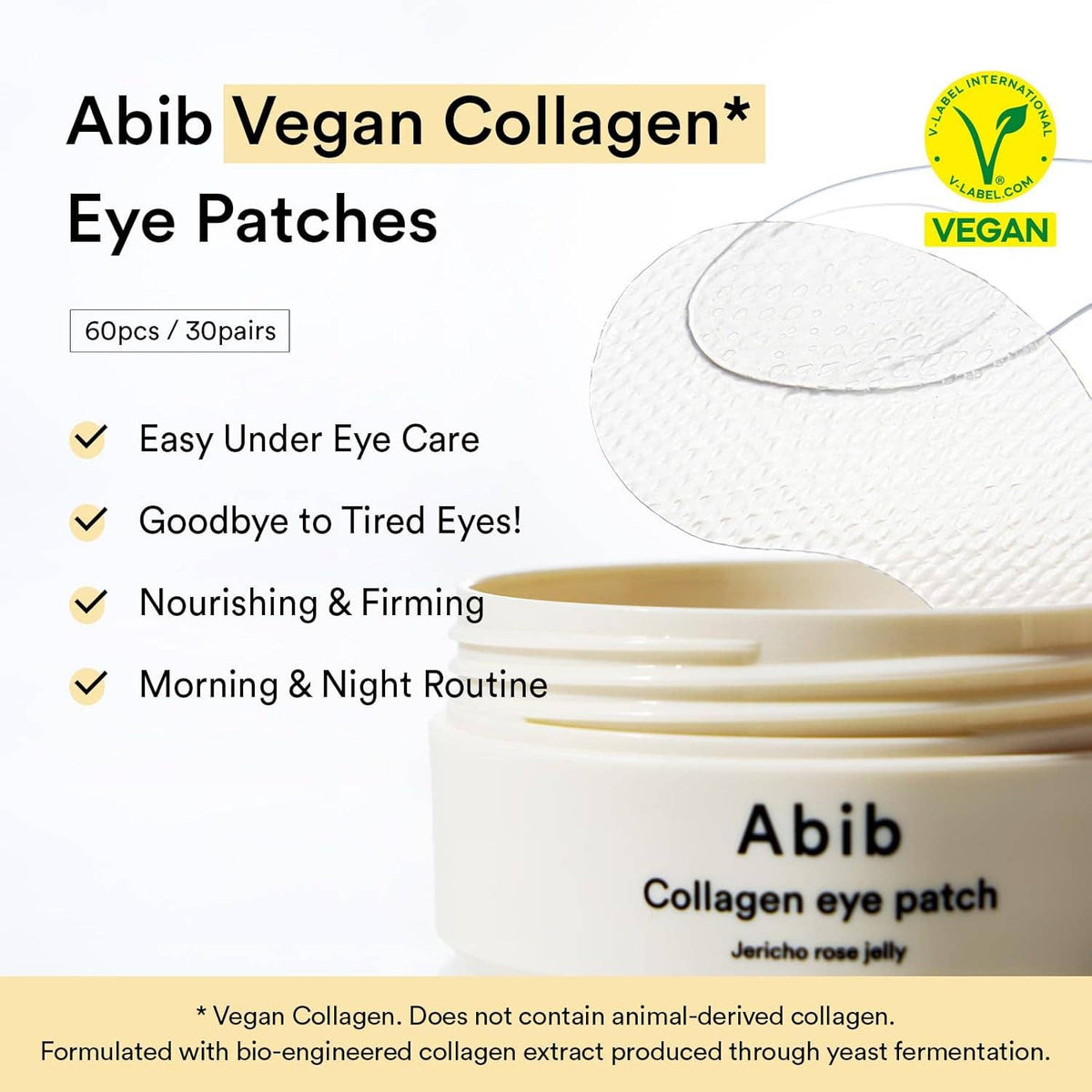 Abib Vegan Collagen Eye Patches for Wrinkles & Fine Line with Jericho Rose Jelly & Peptides, 60 Count, Korean Skin Care