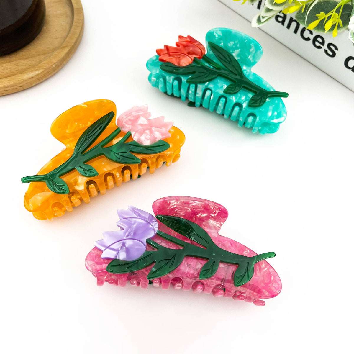 Acetate Tulip Hair Clip, 3D Flower Half-Round Claw Clip