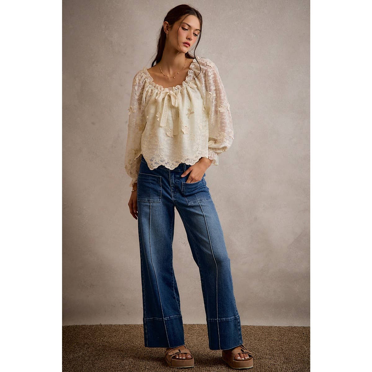 3D Floral Lace Scallop Edge Long Sleeve Blouse