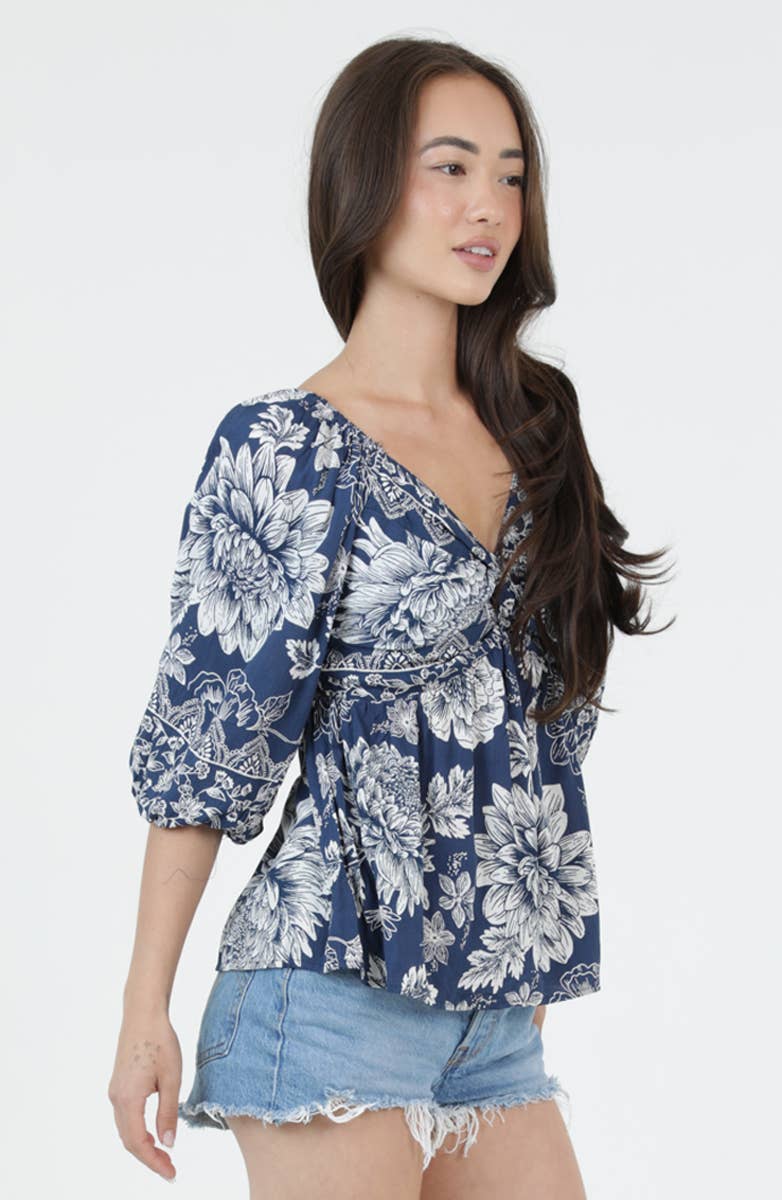 Twist Front Floral Print Blouse