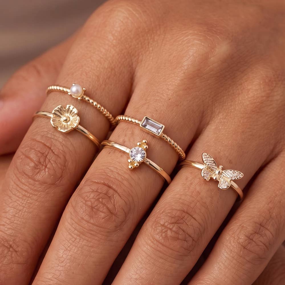 Cz Pearl Flower And Butterfly Ring Set