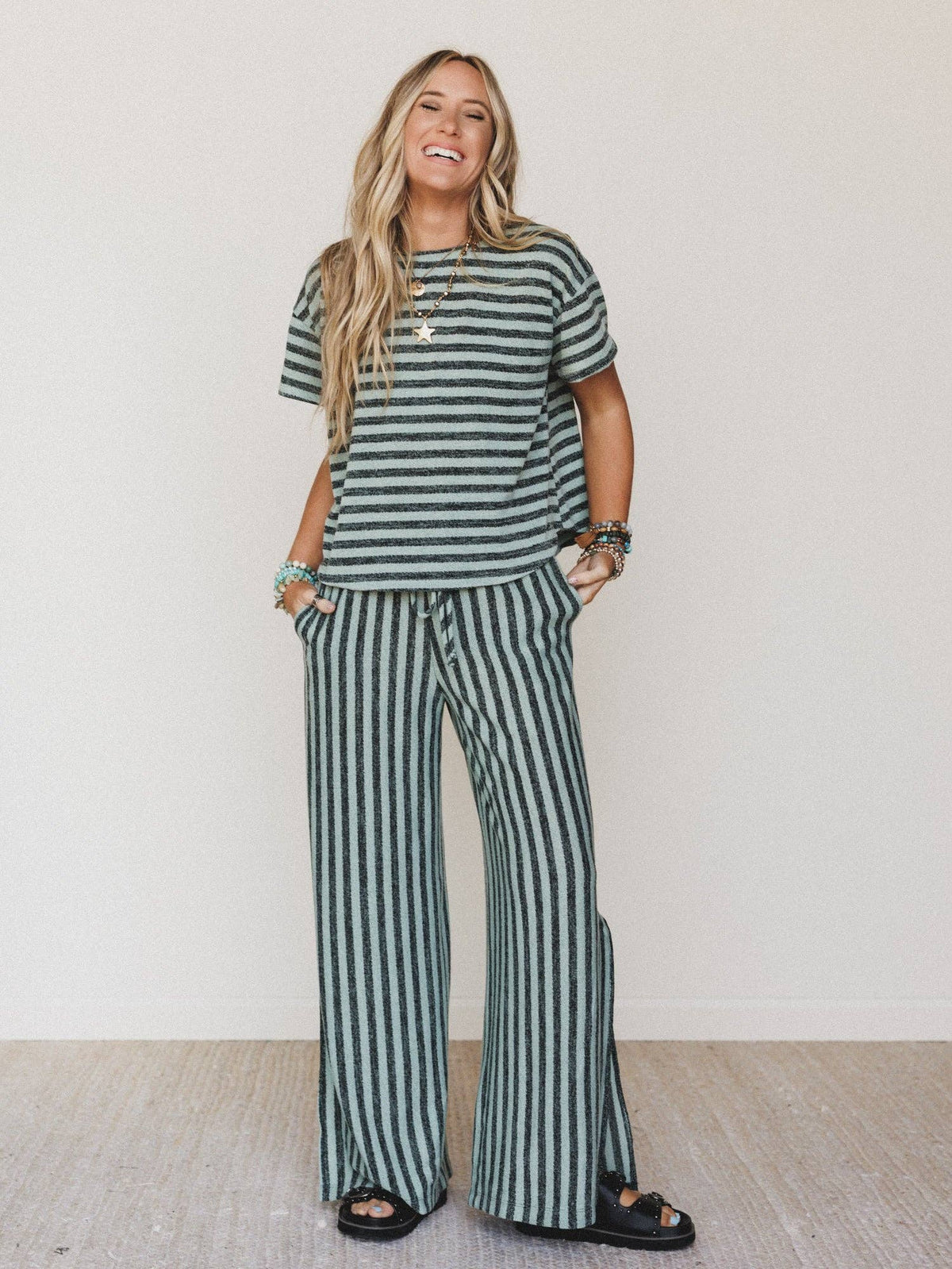 Ibiza Breeze Striped Top - Sage Black