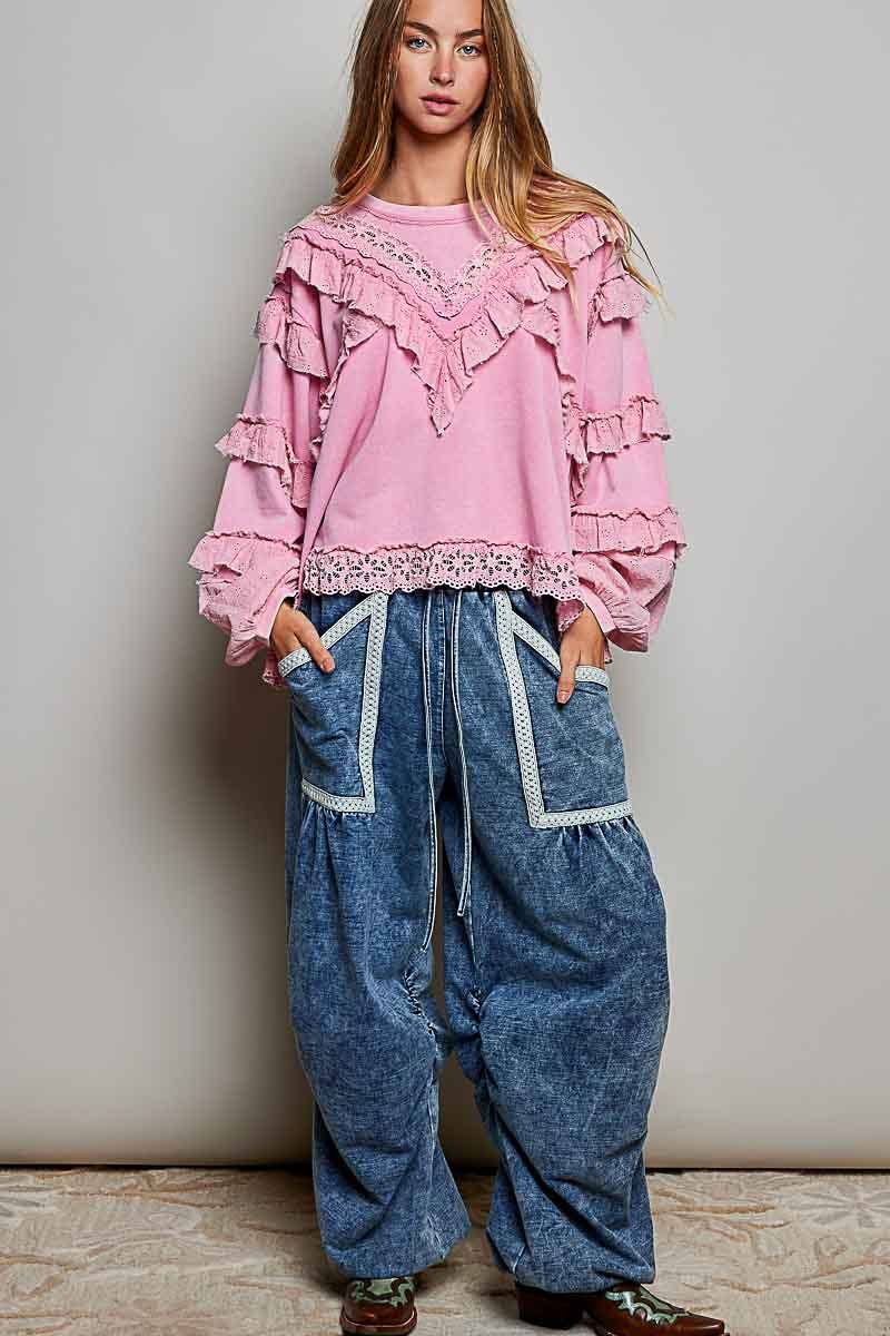 French Terry Eyelet Ruffle Vintage Washing Solid Knit Top