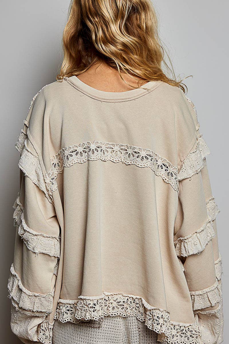 French Terry Eyelet Ruffle Vintage Washing Solid Knit Top