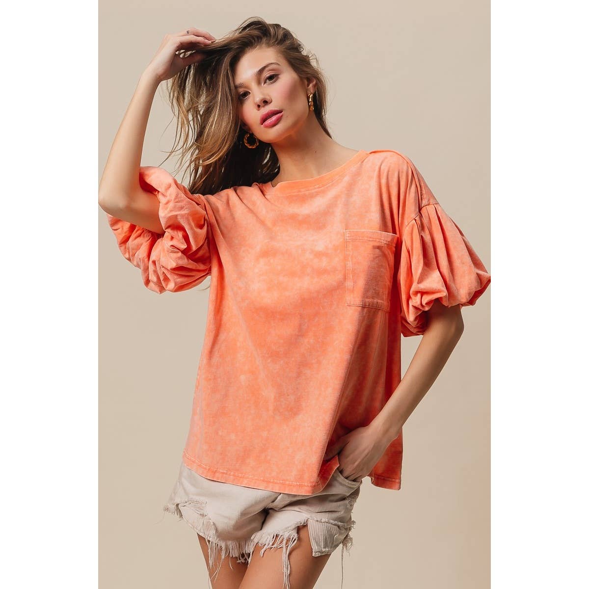 Mineral Washed Puff Sleeve Jersey Top