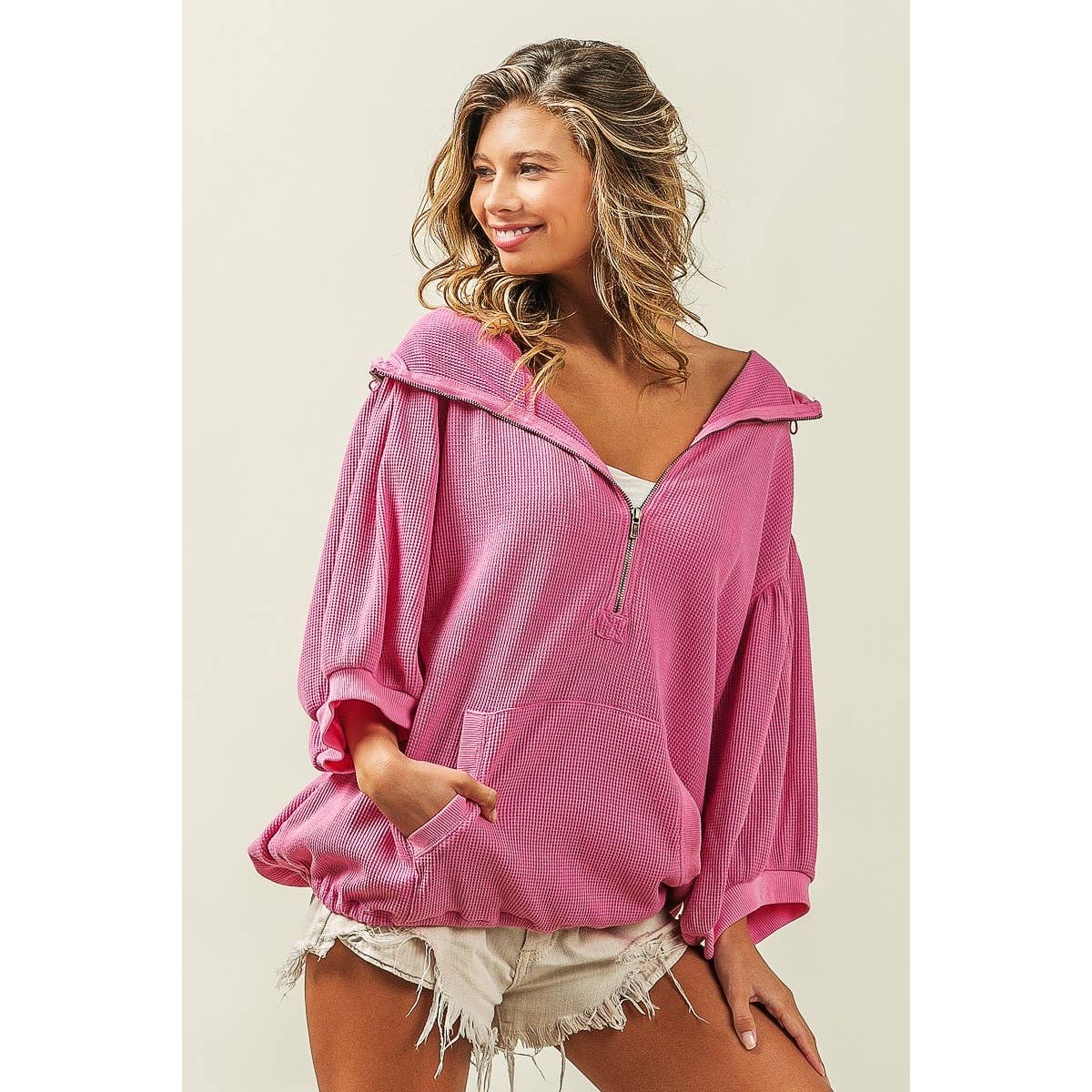 Three-Quarter Puff Sleeve Half Zip Washed Waffle Thermal Hoodie