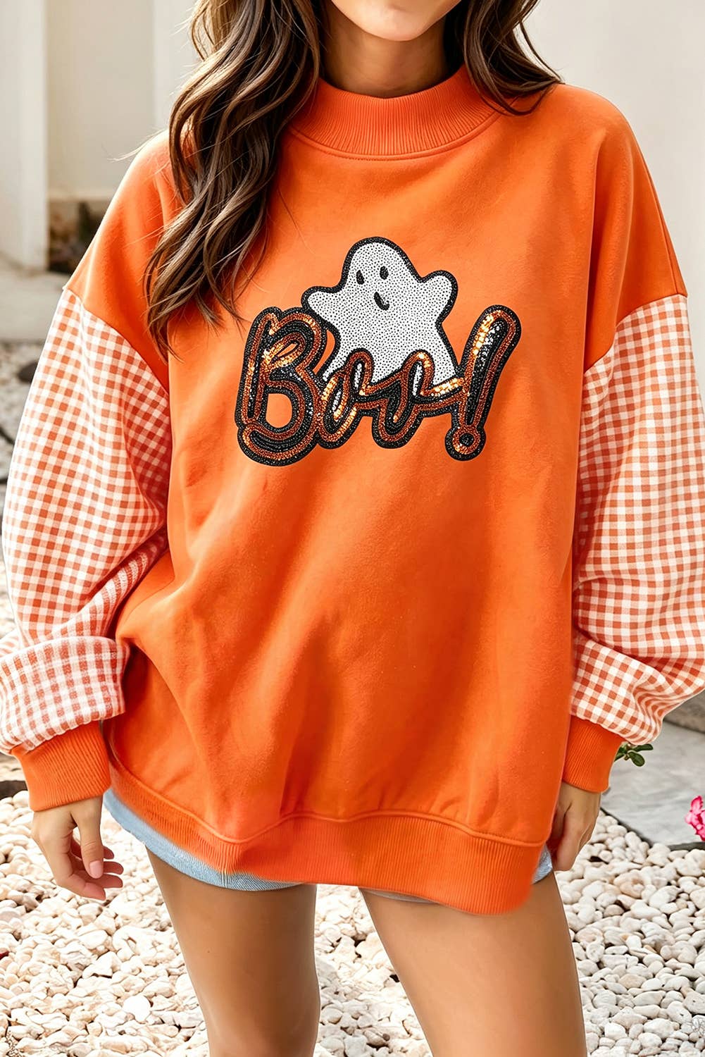 Plaid & Sequin BOO Halloween Sweatshirt