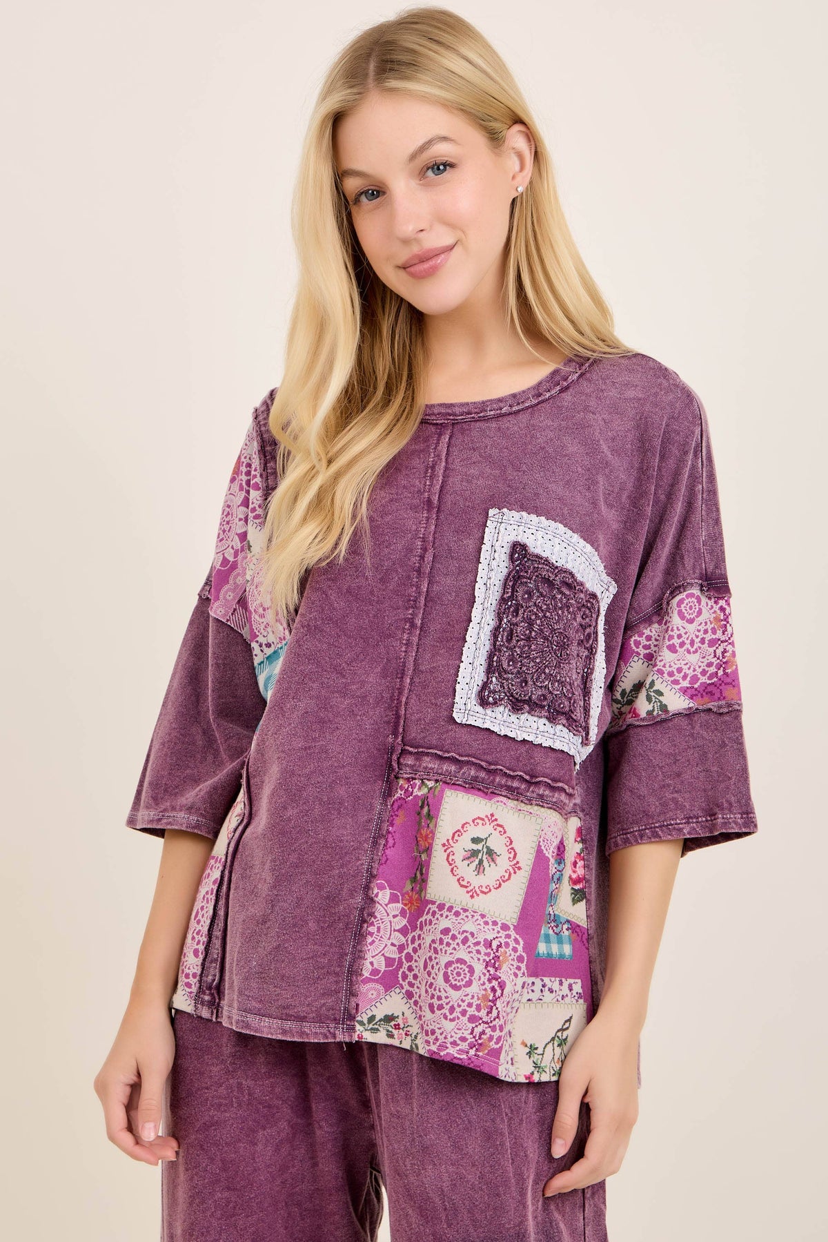 Mineral Washed Rosy Nostalgia Boho Patched top HT7524