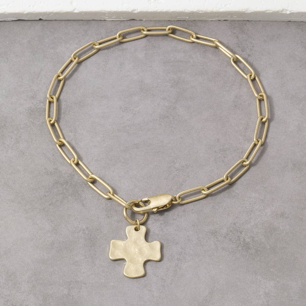 Hammered Square Cross Charm Paperclip Chain Bracelet