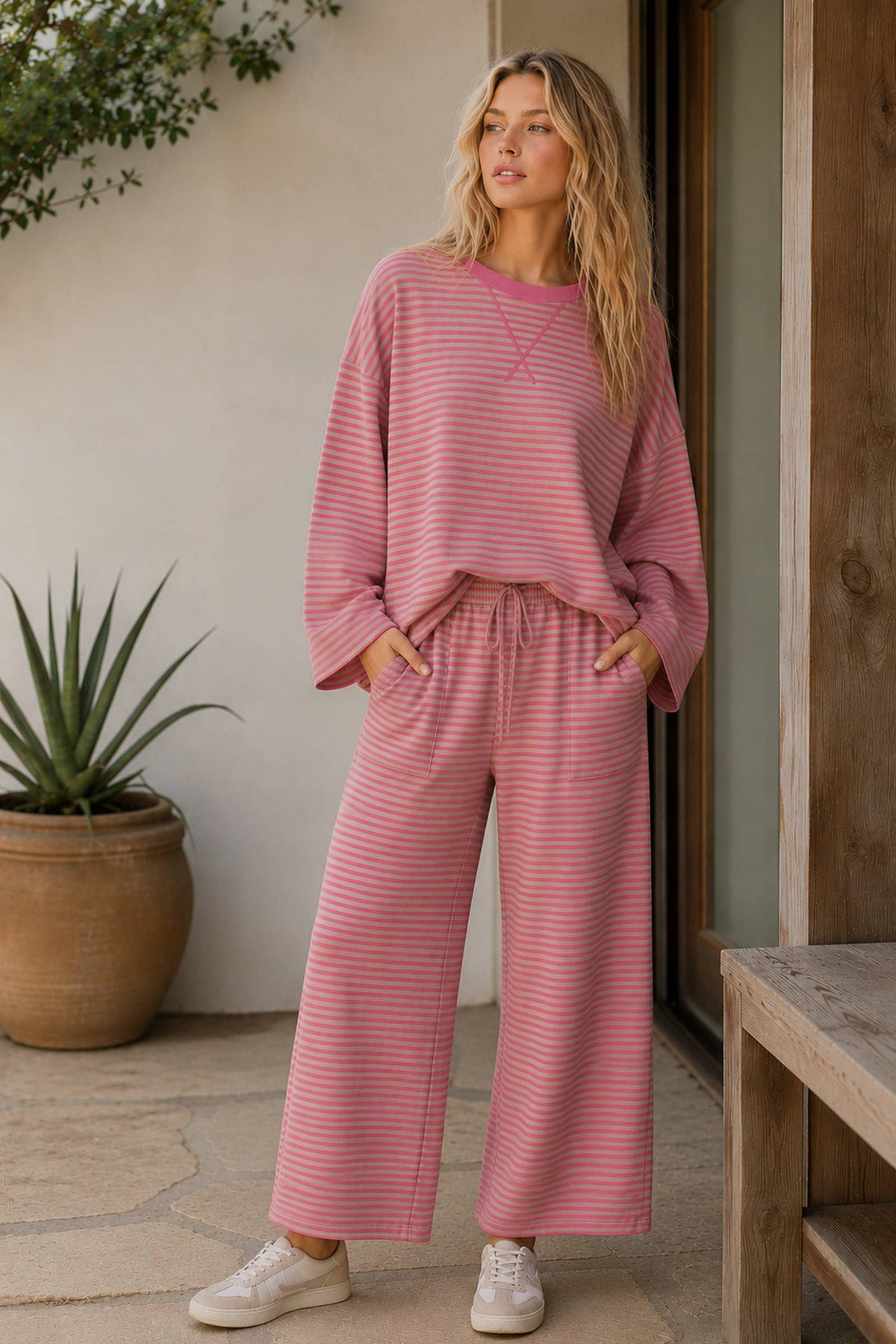 Striped Relaxed Top & Wide Leg Pants Knit Set