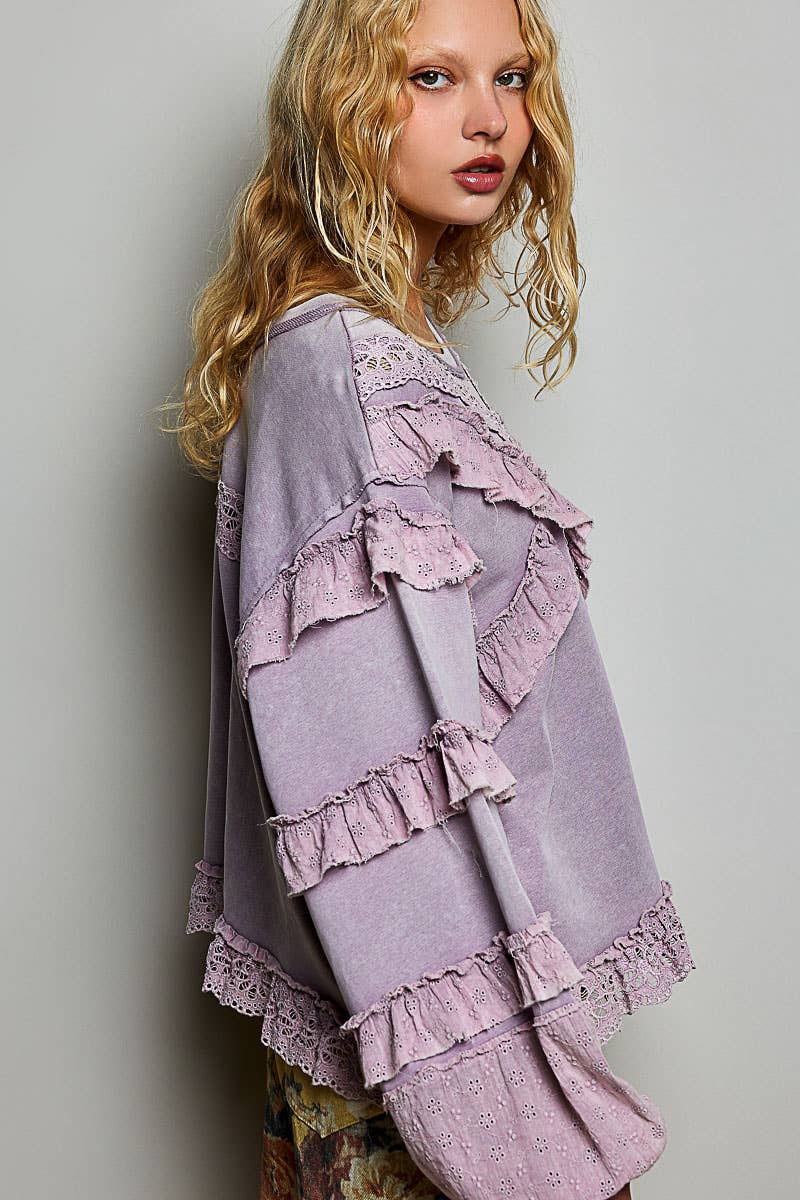French Terry Eyelet Ruffle Vintage Washing Solid Knit Top
