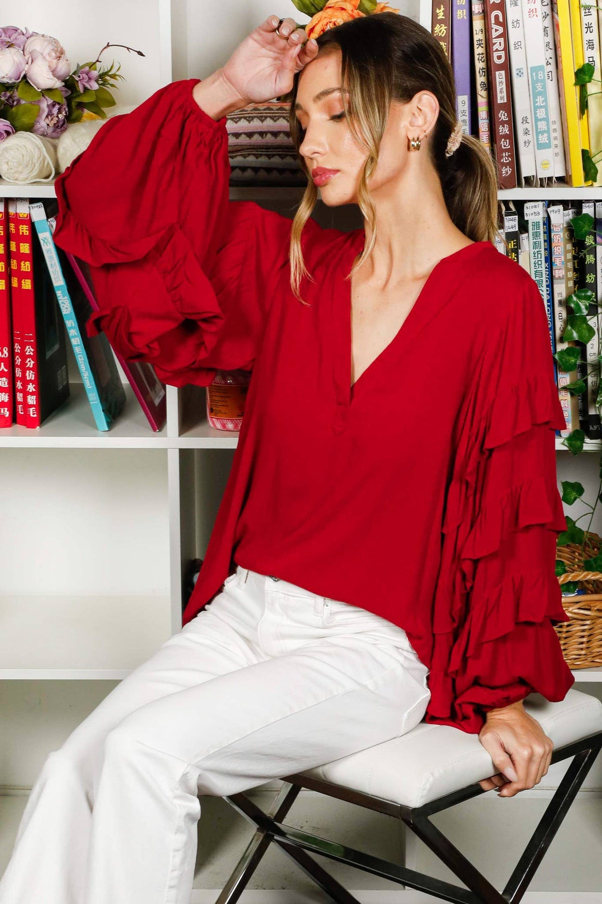 Henley Neck Long Puff & Ruffle Design Woven Blouse