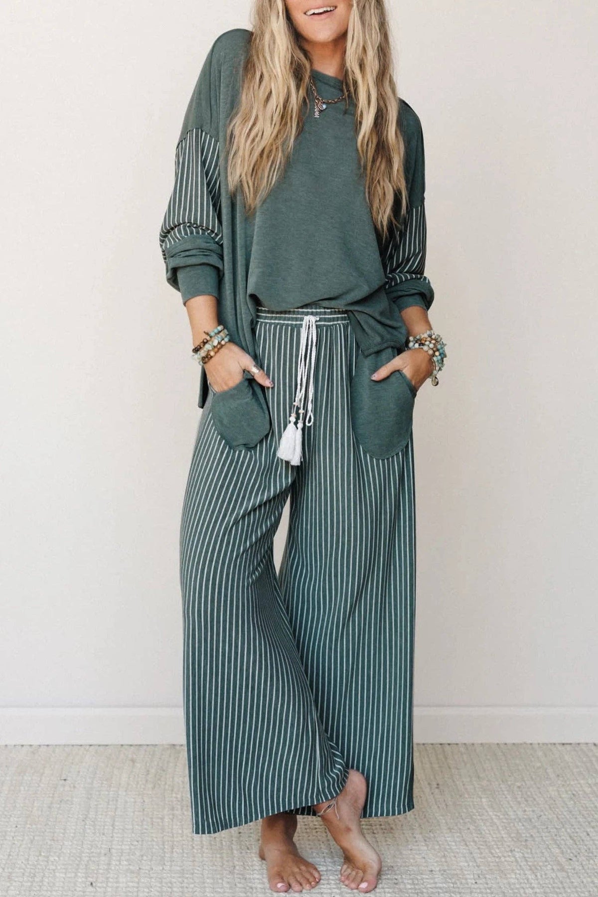 Striped Patchwork Long Sleeve Top & Casual Pants Set