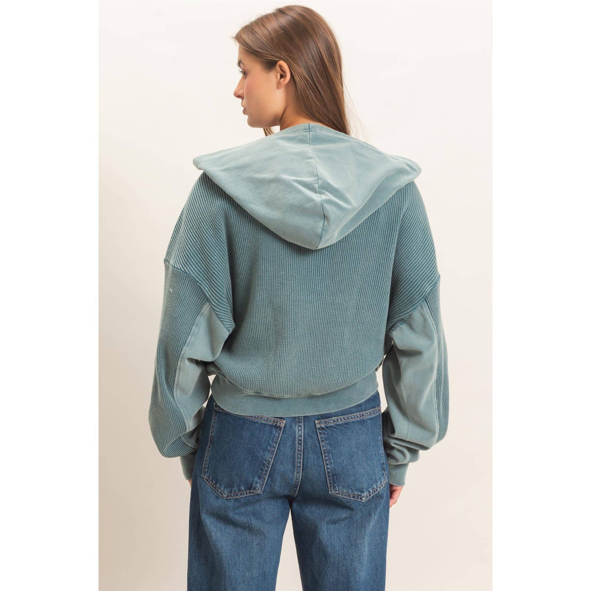 Acid Wash Waffle Knit Zip-Up Hoodie