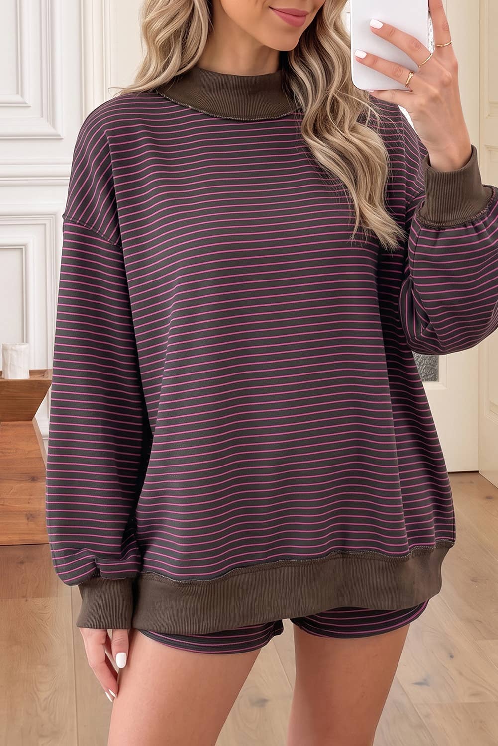 Stripe Mock Neck Pullover & Matching Shorts Set