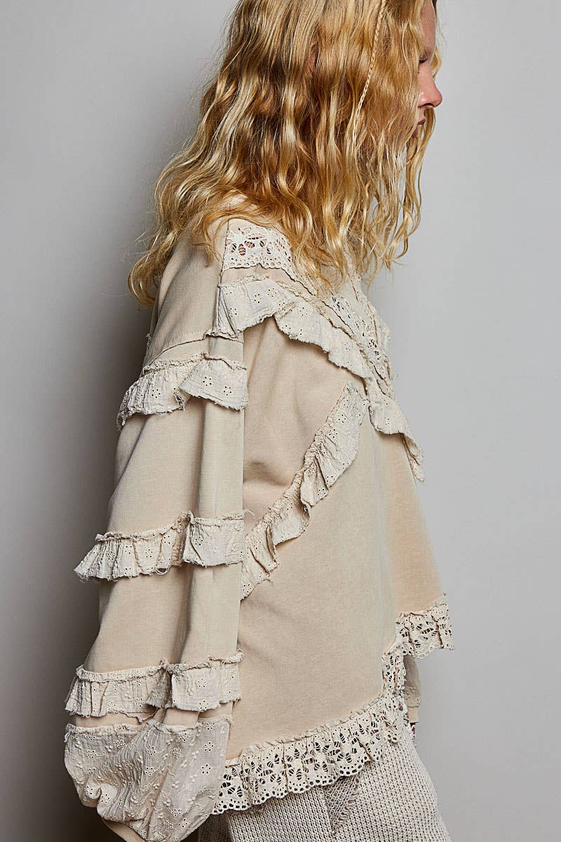 French Terry Eyelet Ruffle Vintage Washing Solid Knit Top