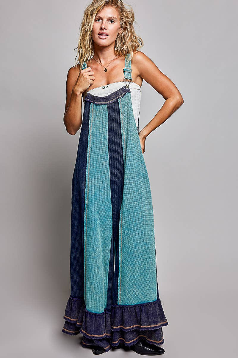 Indigo & Mint Ruffle-Trim Wide-Leg Overalls