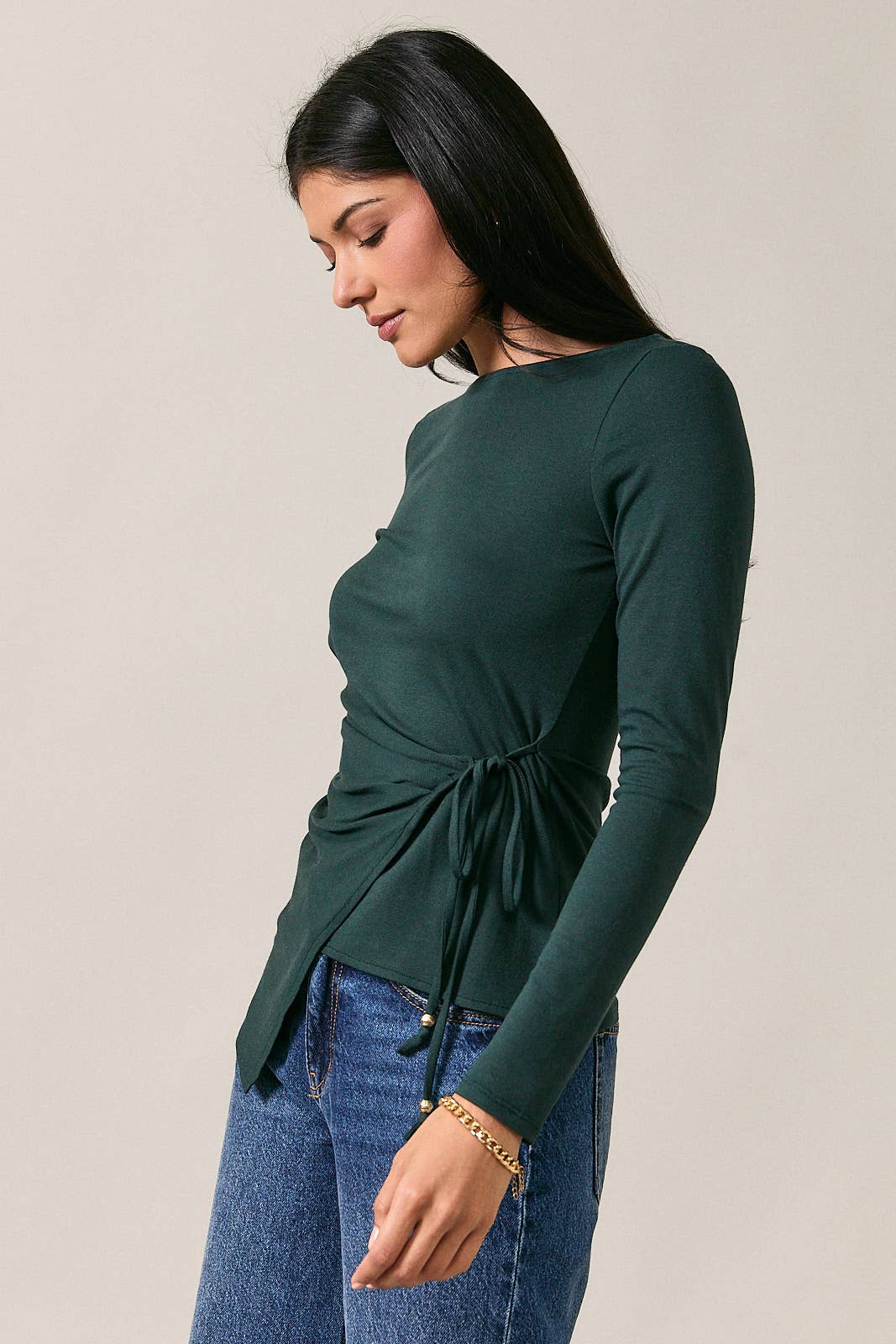 Boatneck Long Sleeve Asymmetric Pleats Side Tie Top