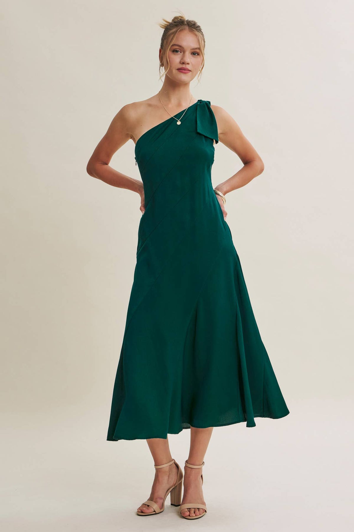 PARTY GLAM ONE-SHOULDER BOW MIDI DRESS W/ SCULPTING SEAM