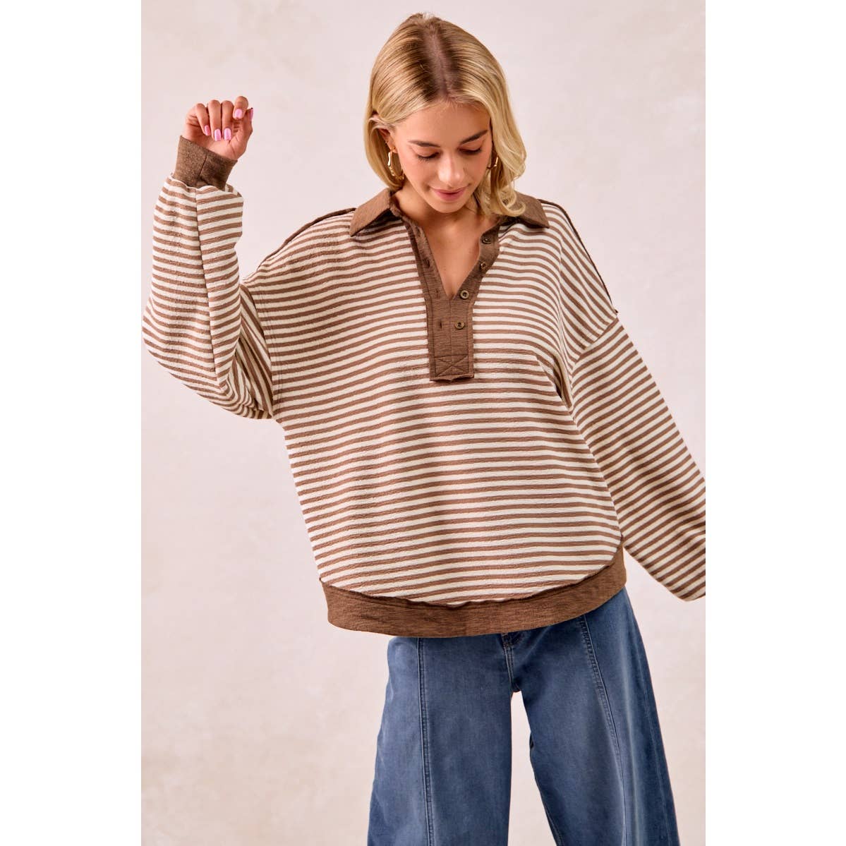 SLUB KNIT AND STRIPES MIX AND MATCH COLLARED TOP