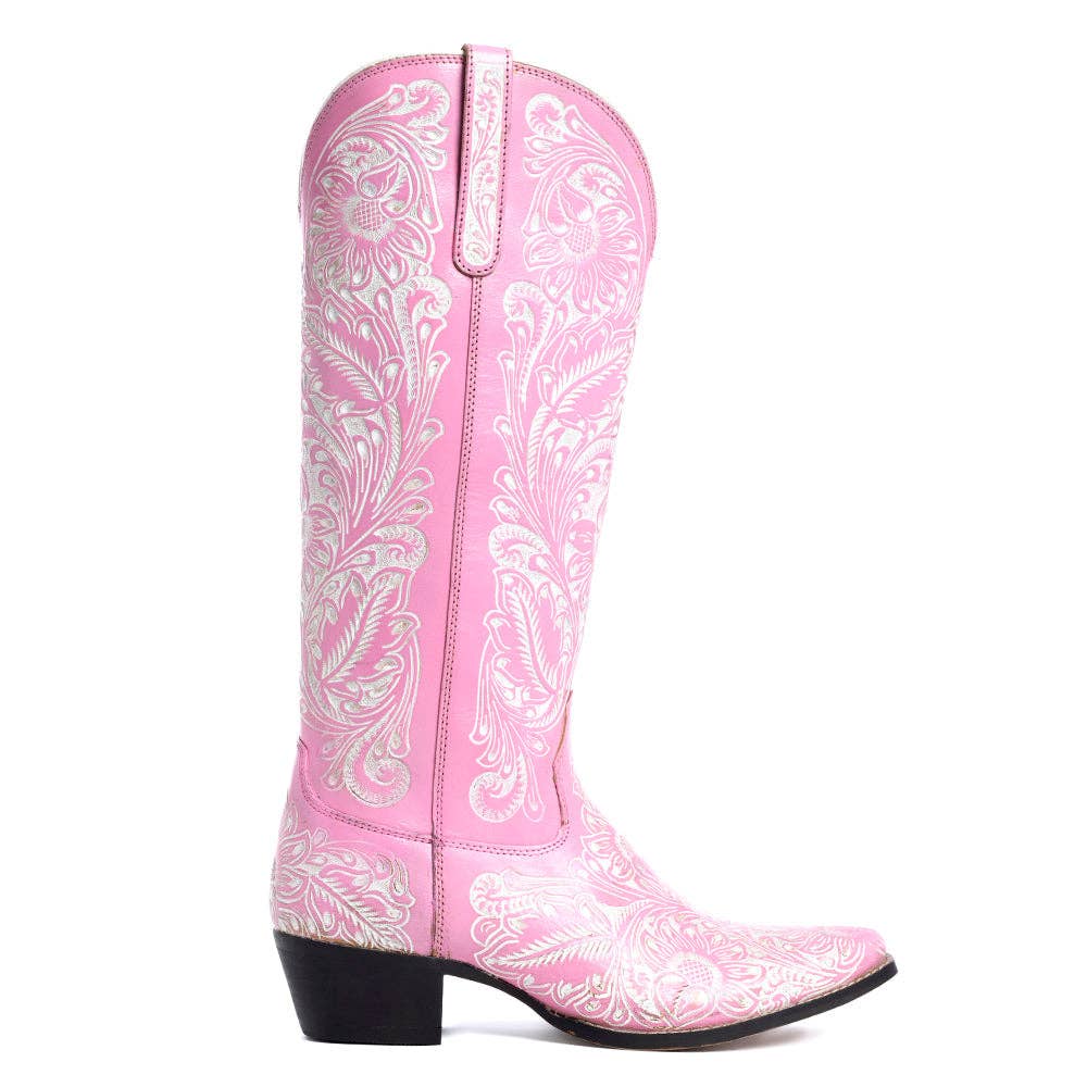 Pink Hand-Tooled Floral Western Boots
