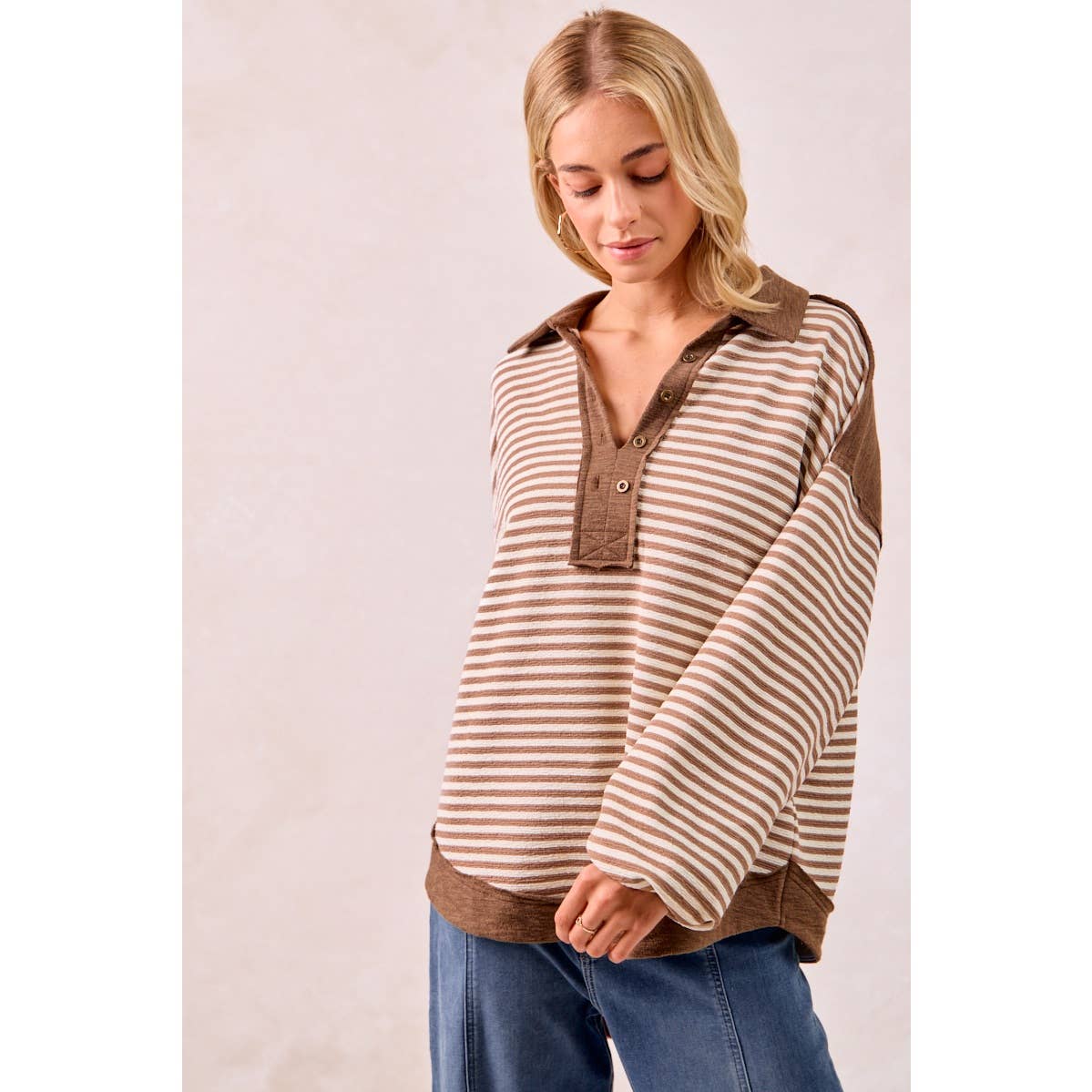 SLUB KNIT AND STRIPES MIX AND MATCH COLLARED TOP
